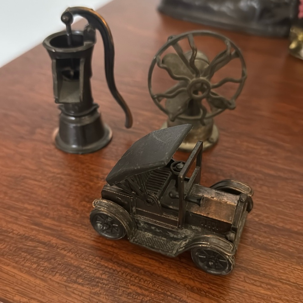 Vintage 3 Old Fashion Metal Pencil Sharpeners Truck, Articulated Fan, and Water